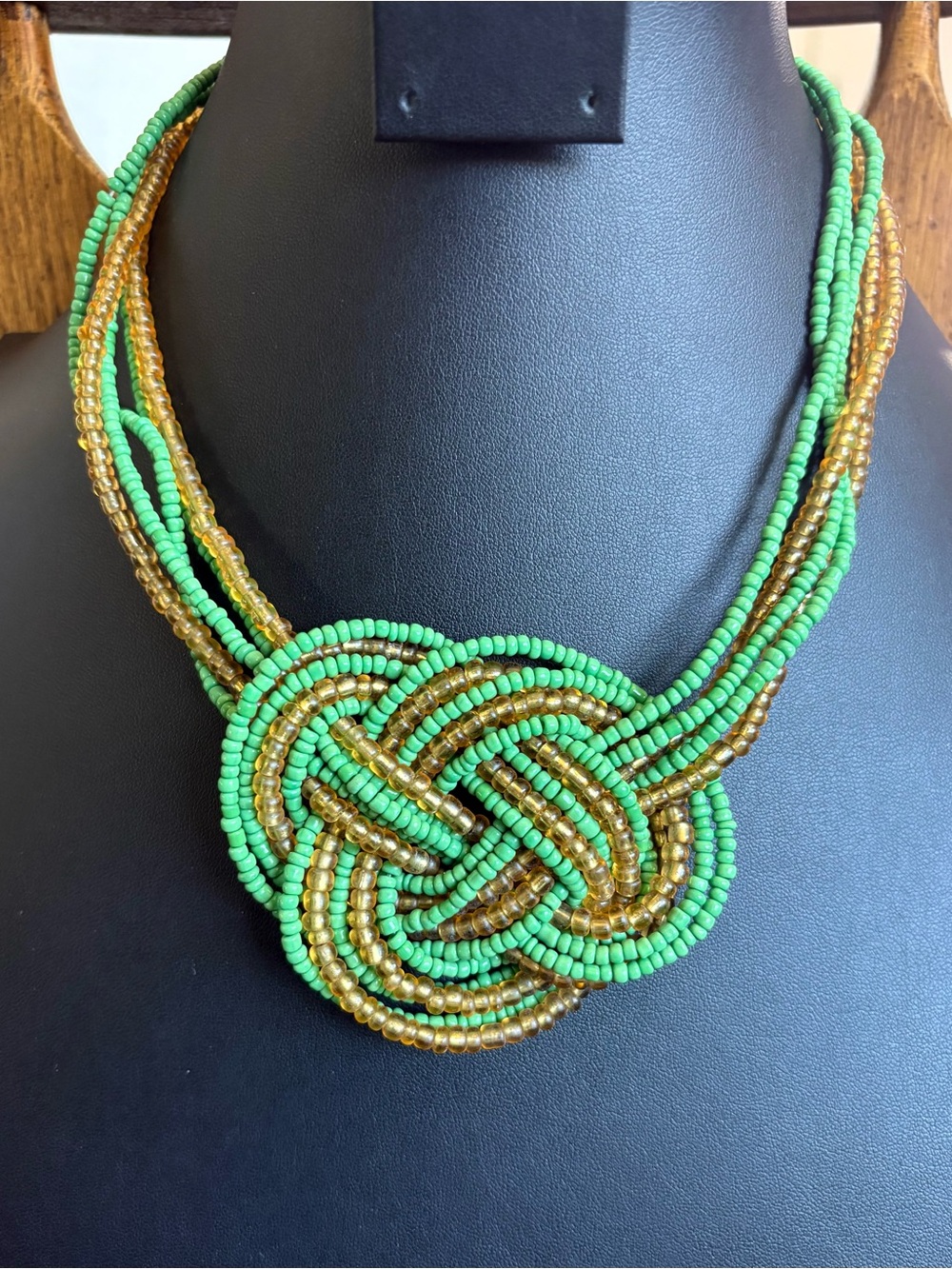 Beaded Celtic Knot Necklace in Green and Gold